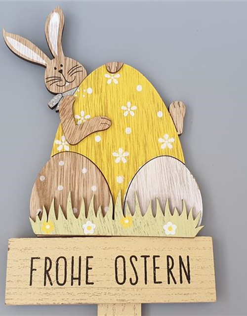 Hase mit Ei am Stab Sperrholz gelb-grün-