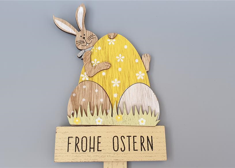 Hase mit Ei am Stab Sperrholz gelb-grün-