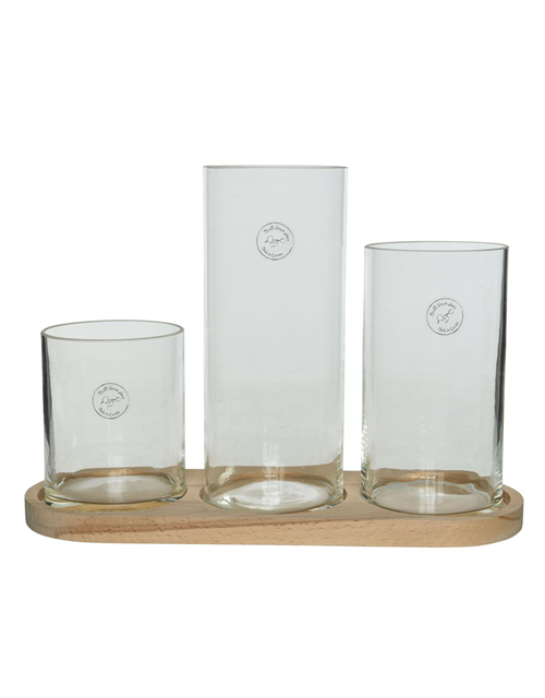 Vase Glas 11x26cm/11x20cm/11x14cm auf Holz 38x13,5