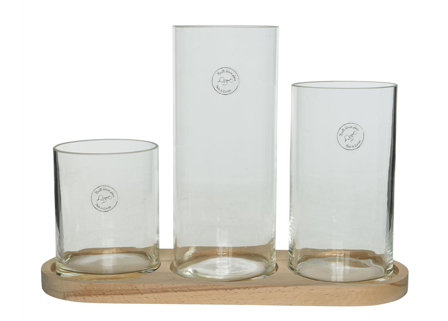 Vase Glas 11x26cm/11x20cm/11x14cm auf Holz 38x13,5